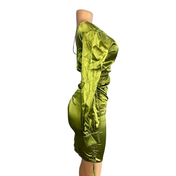 Pretty Little Things Olive Satin One Shoulder Ruched Bodycon Dress - Picture 7 of 10